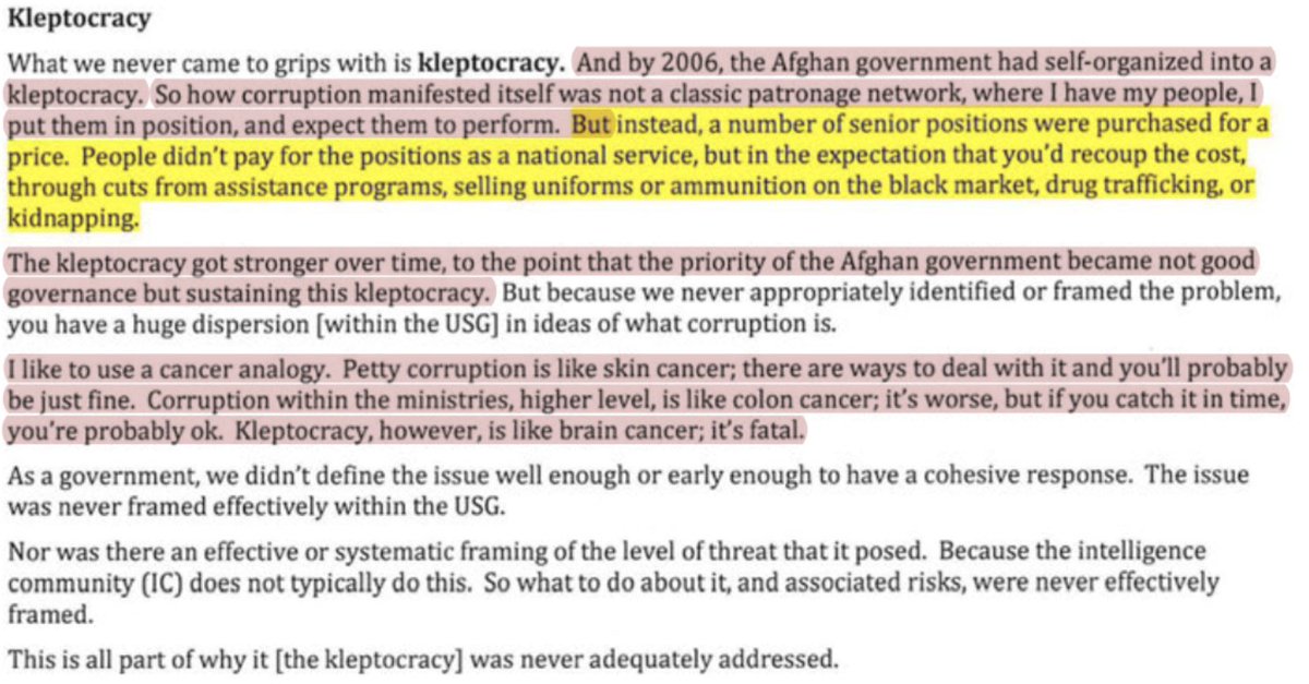 Argument that Afghanistan wasn't normal corruption, but a kleptocracy. People would buy positions and expect to make the money back. 118/n  https://www.washingtonpost.com/graphics/2019/investigations/afghanistan-papers/documents-database/?document=background_ll_03_xx_dc_04052016