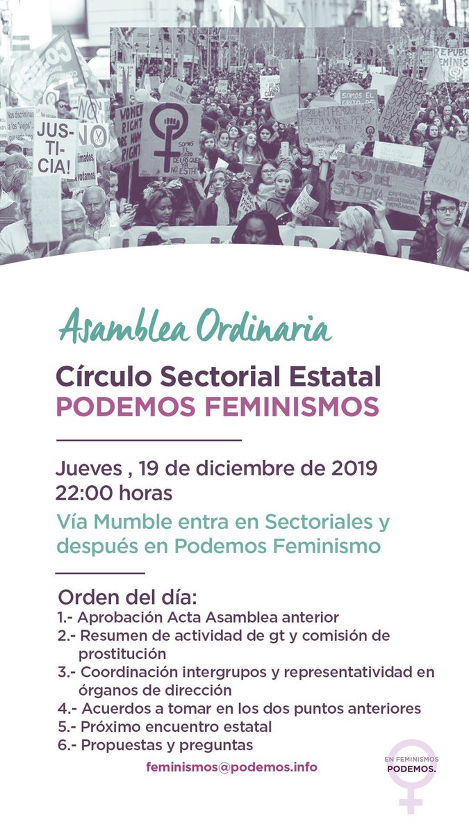 Buenos tardes compañeras!!
El próximo jueves 19D a las 22h tenemos 💜Asamblea Ordinaria 💜via Mumble

Ya sabéis que algunas compas estaremos 15’ antes de 22h por si tenéis problemas de conexión 
Seguimos sembrando ✊
Os esperamos a todas 💜 💜💜
