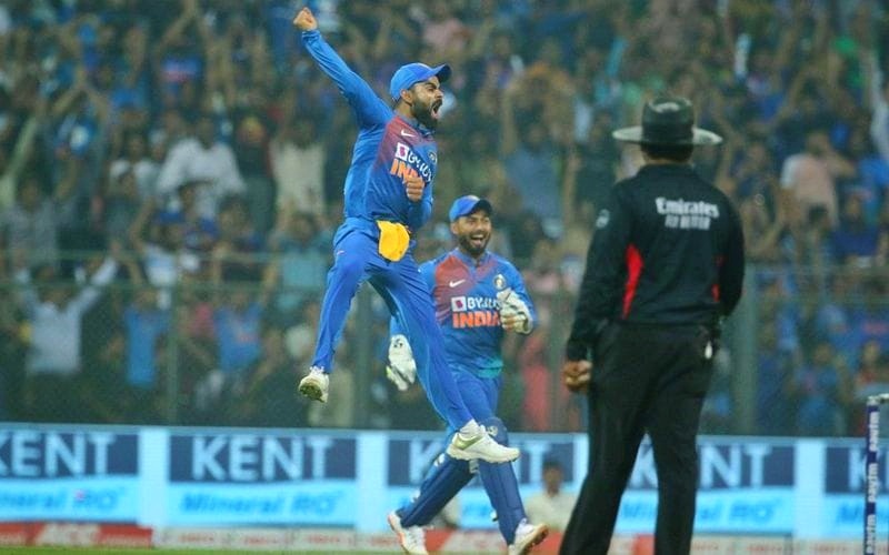 Animated Virat Kohli celebrates a wicket during a ODI match. (Image Credits: Twitter/ Virat Kohli)