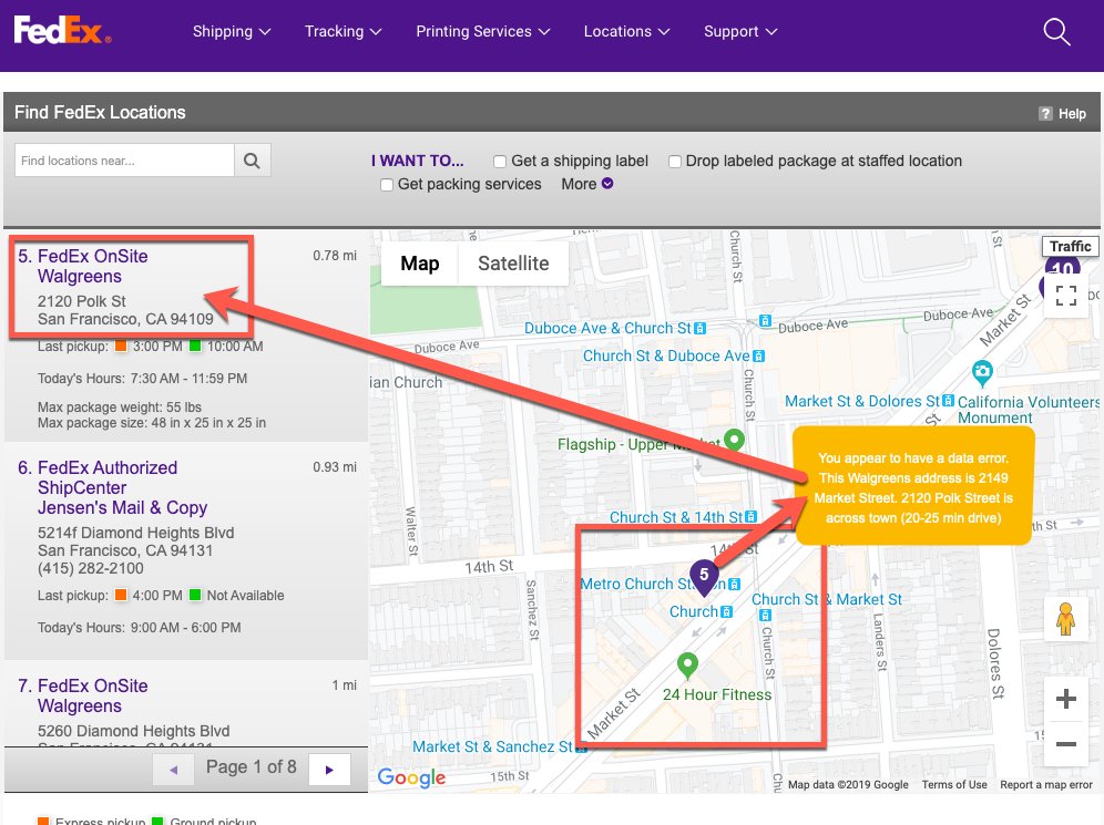 michael_sf415's tweet image. @FedExHelp your #DataError in #Fedex locations is sending my package 25 minutes across town to the wrong Walgreens. Two calls to your 800 number and I was told too bad, my redirected package is going to the wrong address and FedEX will not correct the problem. #FAIL