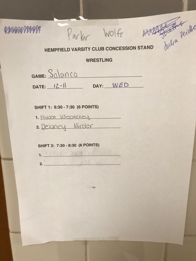 HempVarsityClub's tweet photo. Today’s (12/11/19) Wrestling Concession Shift Reminder https://t.co/WmDbTznAM5