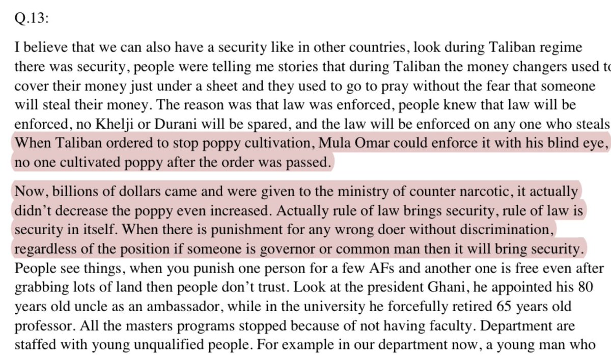 Under the Taliban, money changers would leave their cash under a sheet and go pray, did not worry about it getting stolen. Taliban was also able to successfully suppress opium production. 123/n