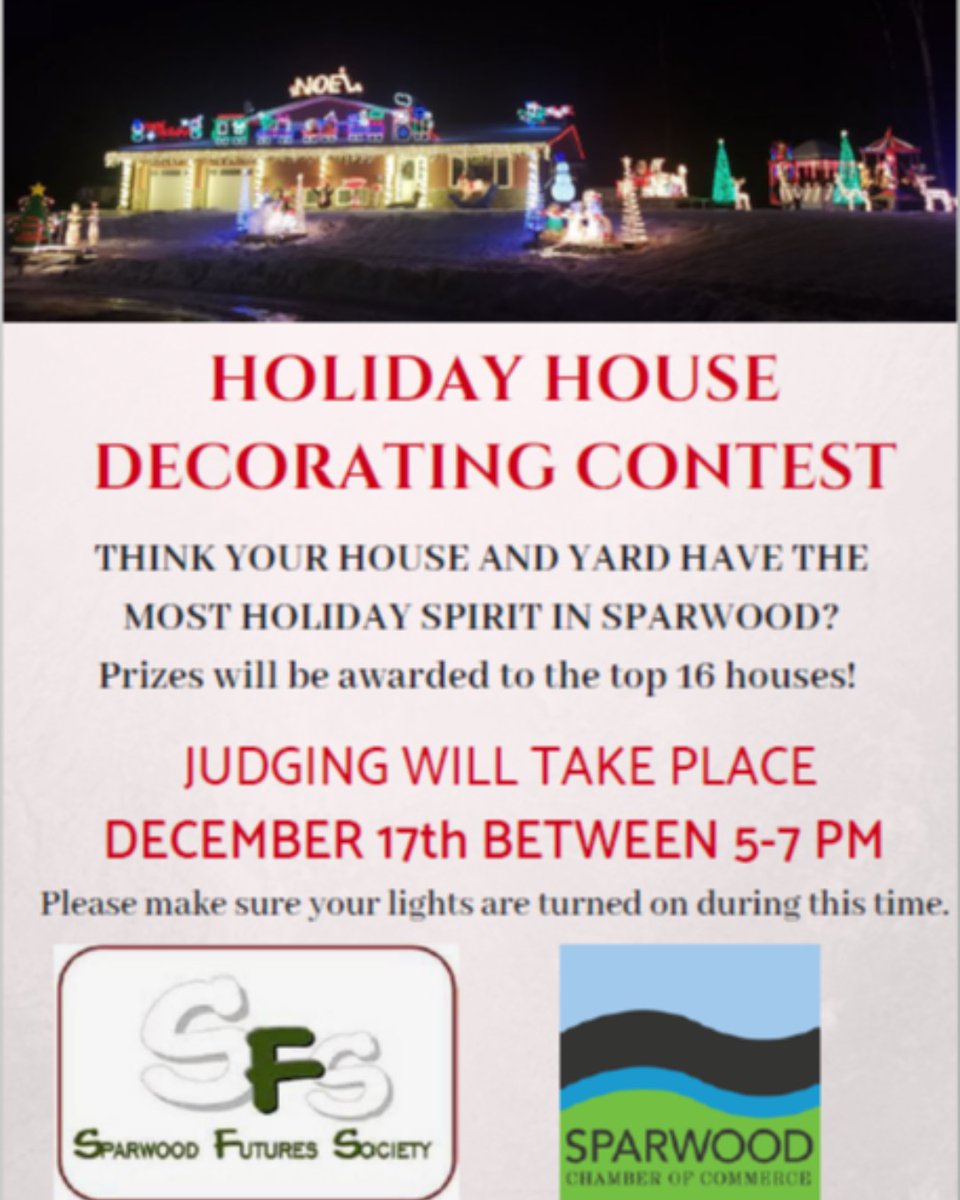 Do you have the best decorated house in Sparwood? On December 17th we will tour around every house and every street in Sparwood between 5:00 p.m - 7:00. Make sure your lights are on and ready to go at this time. No need to call and register. We have prizes for the top 16 houses!