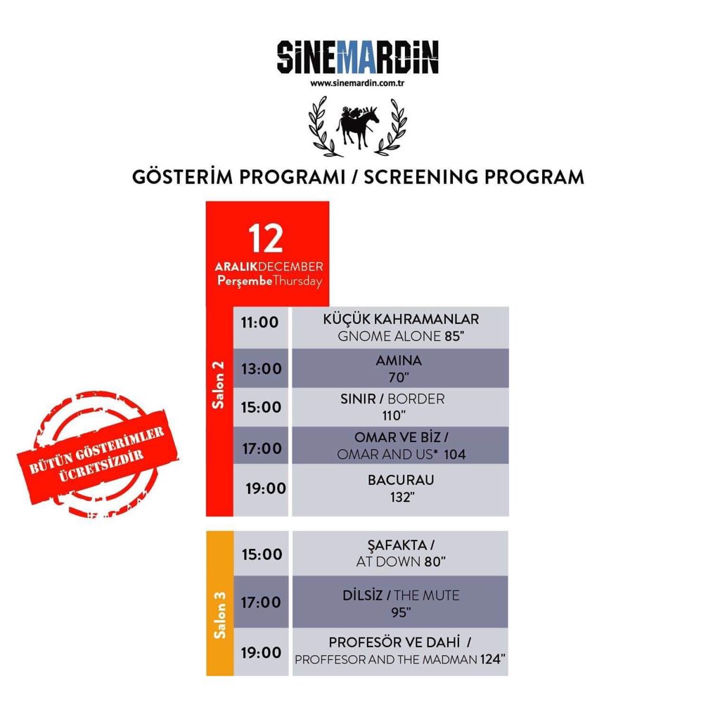 13. SineMardin Film Festivali 12 Aralık Perşembe gösterim programı...