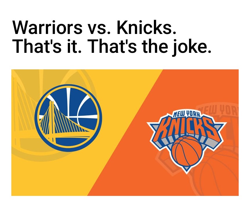 gswmemes's tweet photo. Warriors and Knicks meet up tonight in battle of the worst! Somebody has to win!!! Hopefully it's the Warriors. Tipoff at 7:30!

#goldenstatewarriorsmemes #DubNation #ScrubNation #LockedIn https://t.co/XrmD9DTHpk