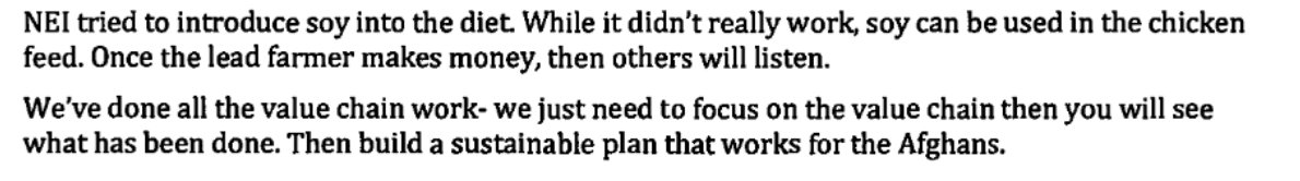 US tried to introduce soy into the Afghan diet, it didn't take so they fed it to chickens. 140/n