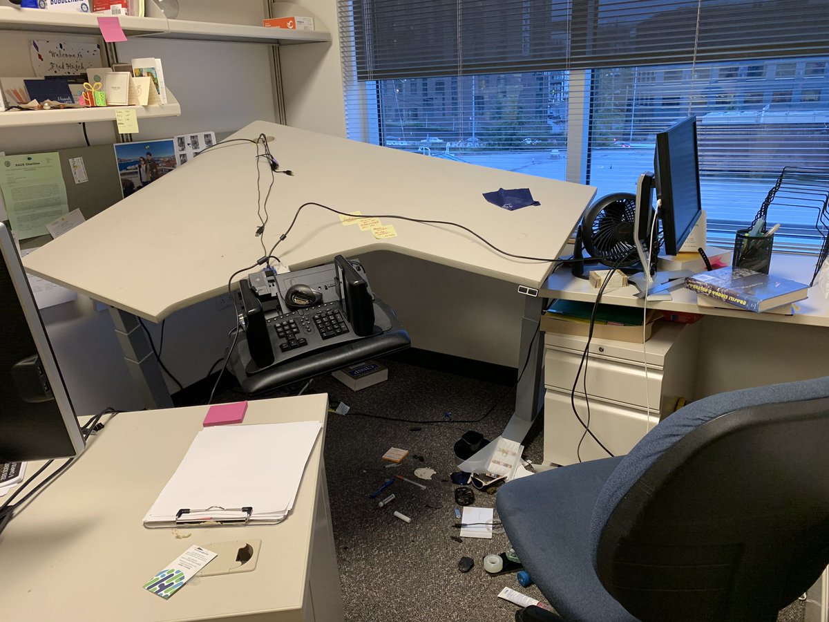 Adjustable-height standing desks are fantastic but they do have a weakness: What if one of the legs decides to go when the others decide to stop? 

(I’m OK, the computer’s OK. But how I loved that mug. 😢)
#officeadventures