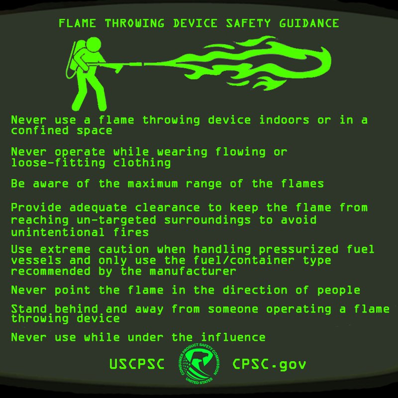 A picture of a person with a flamethrower. The text reads: never use a flamethrower indoors. Never operate while wearing flowing or loose fitting clothing. Be aware of the maximum range of the flames. Never point in the direction of other people.