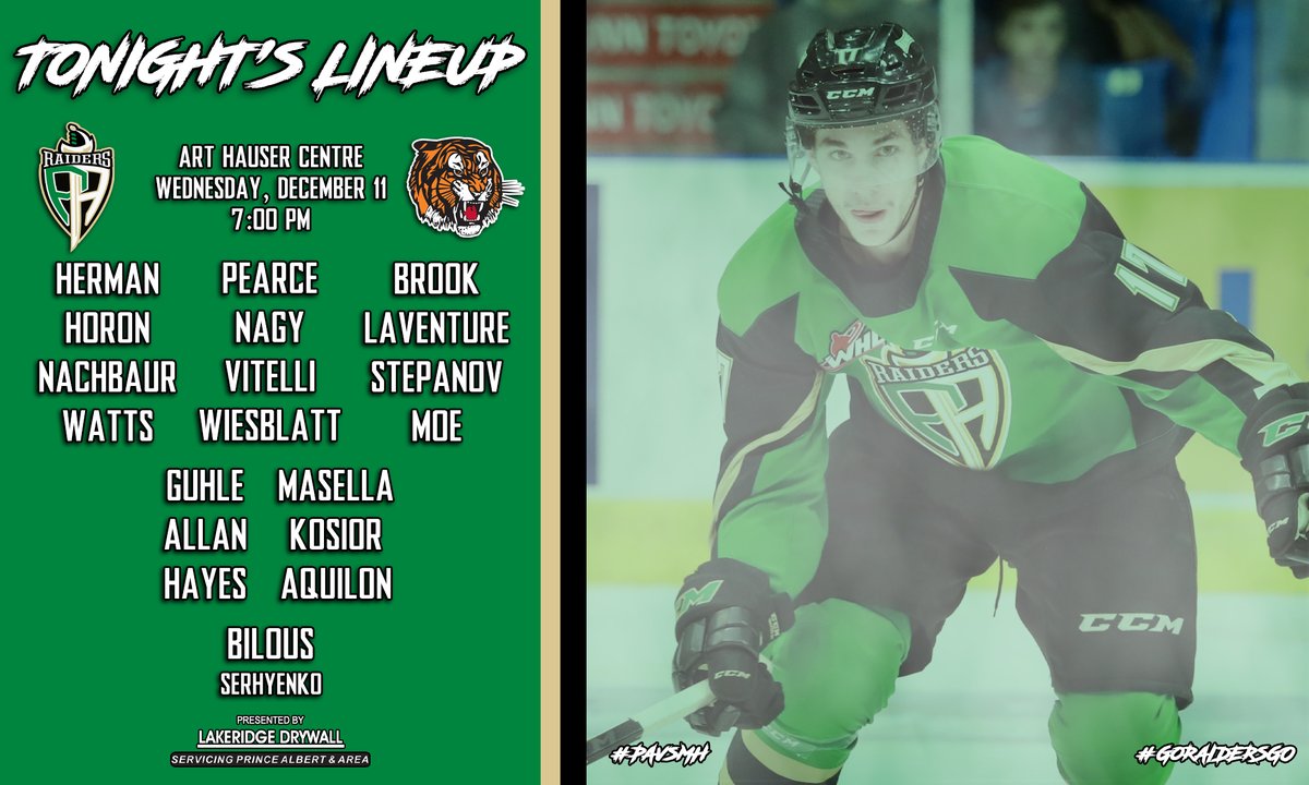 y - Prince Albert Raiders (@paraidershockey) on Twitter photo Here's how we lineup tonight against the Tigers!
Don't forget to bring your new and unwrapped toy to the game for the <a href="/Wawanesa/">Wawanesa Insurance</a> Toy Drive in support of the Optimist Club of Prince Albert.
#GoRaidersGo #PAvsMH Here's how we lineup tonight against the Tigers!
Don't forget to bring your new and unwrapped toy to the game for the <a href="/Wawanesa/">Wawanesa Insurance</a> Toy Drive in support of the Optimist Club of Prince Albert.
#GoRaidersGo #PAvsMH