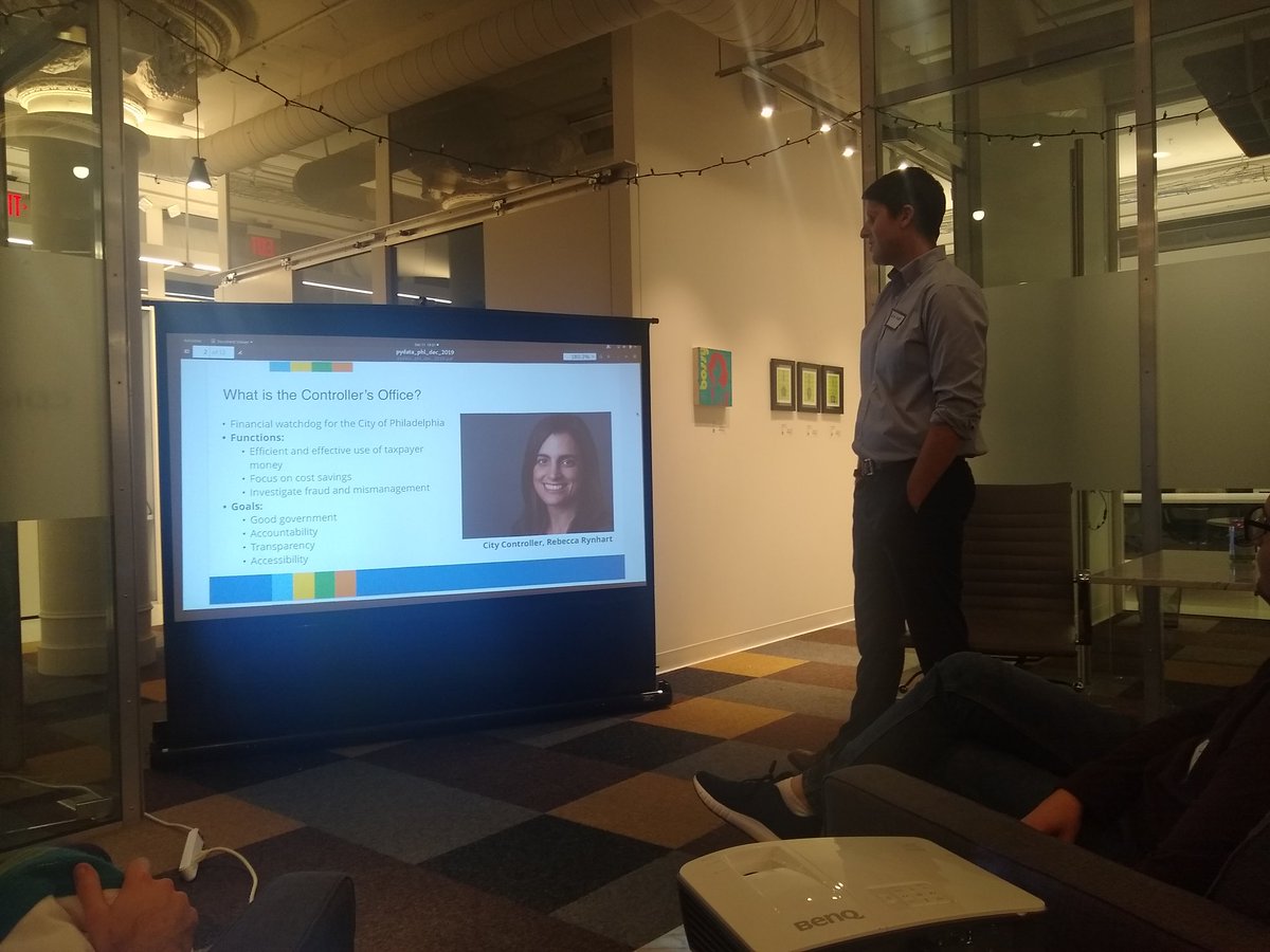 PyDataPHL's tweet photo. @nicholashand giving a talk about Philly's Controller office! https://t.co/n3HFOv17U0