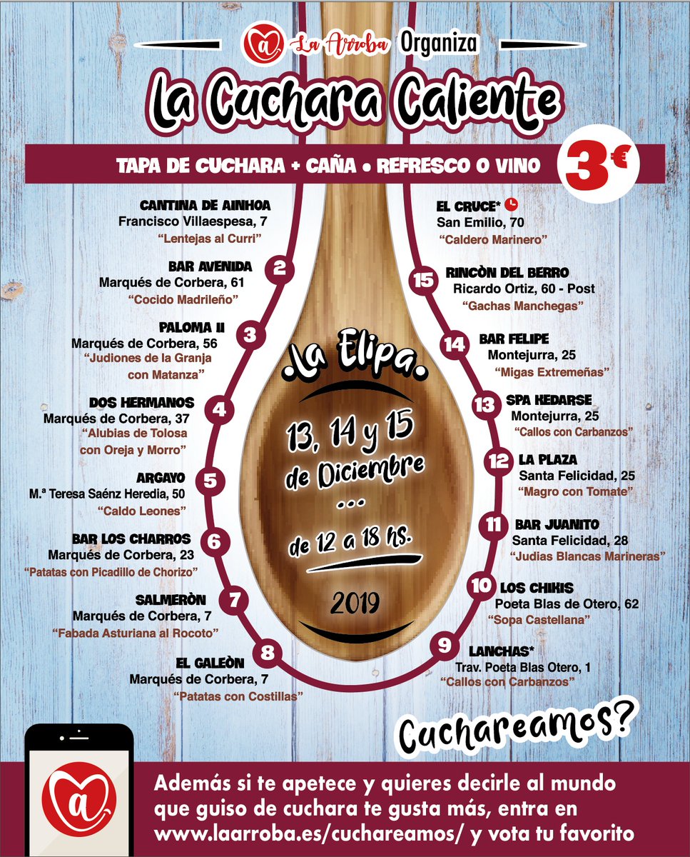 La excusa perfecta para que quedes con tus amigos antes de fin de año y te la tomes como Díos manda. Aquí en La Elipa, no te pierdas el evento de #LaCucharaCaliente, organizado por <a href="/LaArrobaMAD/">La Arroba</a>  que tendrá lugar a partir de este viernes 13 y hasta el domingo 15 de diciembre
