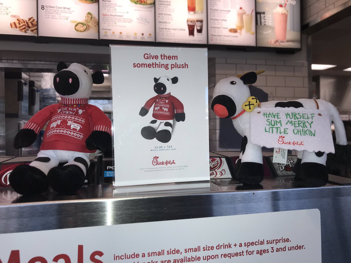 CFABradleyPark's tweet photo. Need a Secret Santa gift or Stocking Stuffer??? Everyone will love a Chick-fil-A Plush Cow. Only $5.99. Limited supplies. https://t.co/9wrR3rw6zu