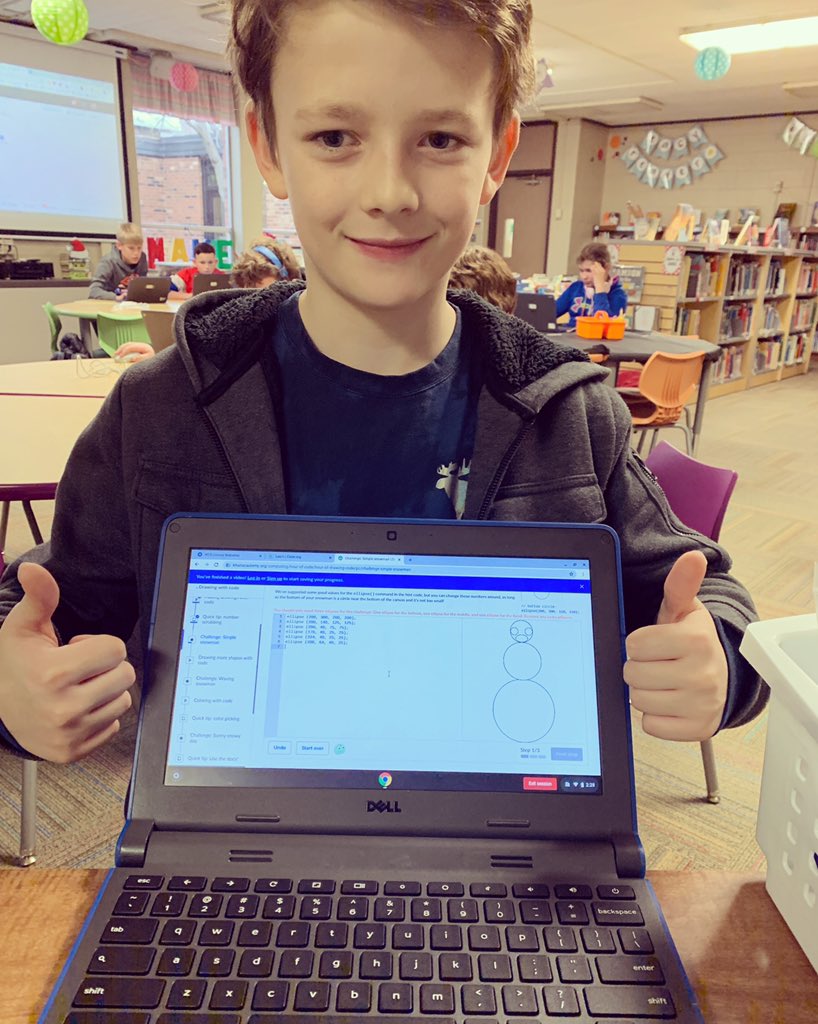 wes_library's tweet image. This 6th grader said he was tired of blockly coding & wanted to “do something challenging.” I showed him an #hourofcode activity that used JavaScript. Within 10 min, he exclaimed with pride, “Mrs. Brown, look! I made a snowman!” #powerofcode #itsworthit #librarylife #notjustbooks