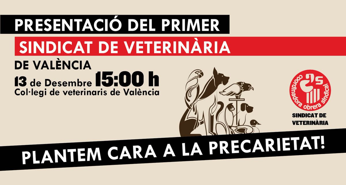 COSnacional's tweet photo. 🔴 Aquest proper divendres presentació del sindicat de veterinària de #València.
✊🏾 Organitzem-nos, plantem cara a la precarietat del sector!
📍Col·legi de veterinaris de València. Avinguda del Cid, 62.
⌚ 15.00 h https://t.co/C2ghOHZVOk