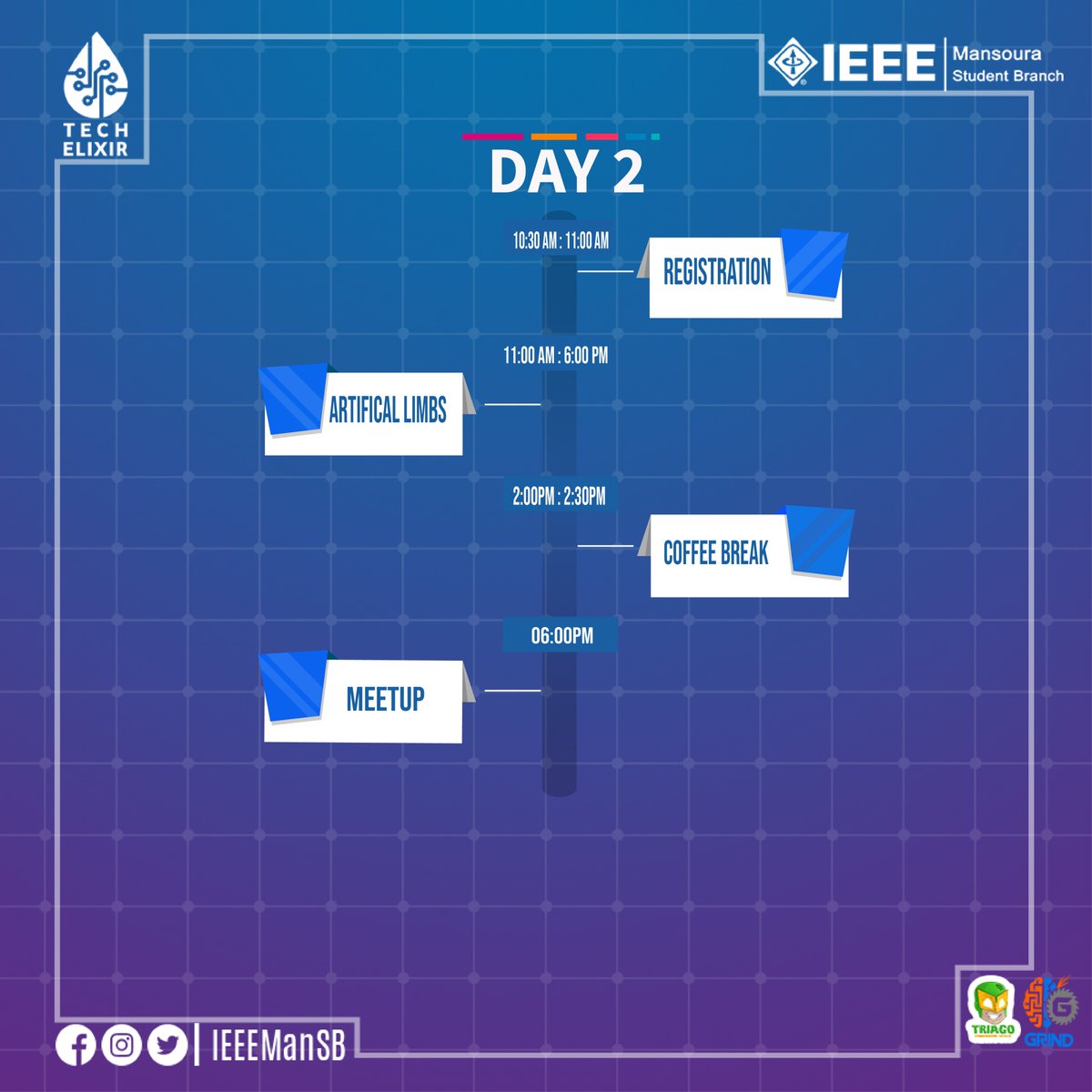 IEEEManSB's tweet photo. أجندة تاني يوم في "Tech-Elixir"
بدأية اليوم هتكون بالـ "Registration" من 10:30 صباحًا إن شاء الله..
في إنتظارك في Triago Coworking Space
#Day_Two
#TechElixir
#IEEE_ManSB https://t.co/2zVASZbOZI