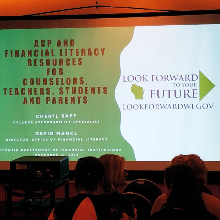WIS_DFI's tweet photo. Today @WIS_DFI’s Office of Financial Literacy Director and College Affordability Specialist presented at the ACP/Pathways Conference about financial literacy resources for counselors, teachers, students & parents. Thanks to all who joined the session! #PathwaysWI2019 @WisDPI_ACP https://t.co/uThoeRfZHG