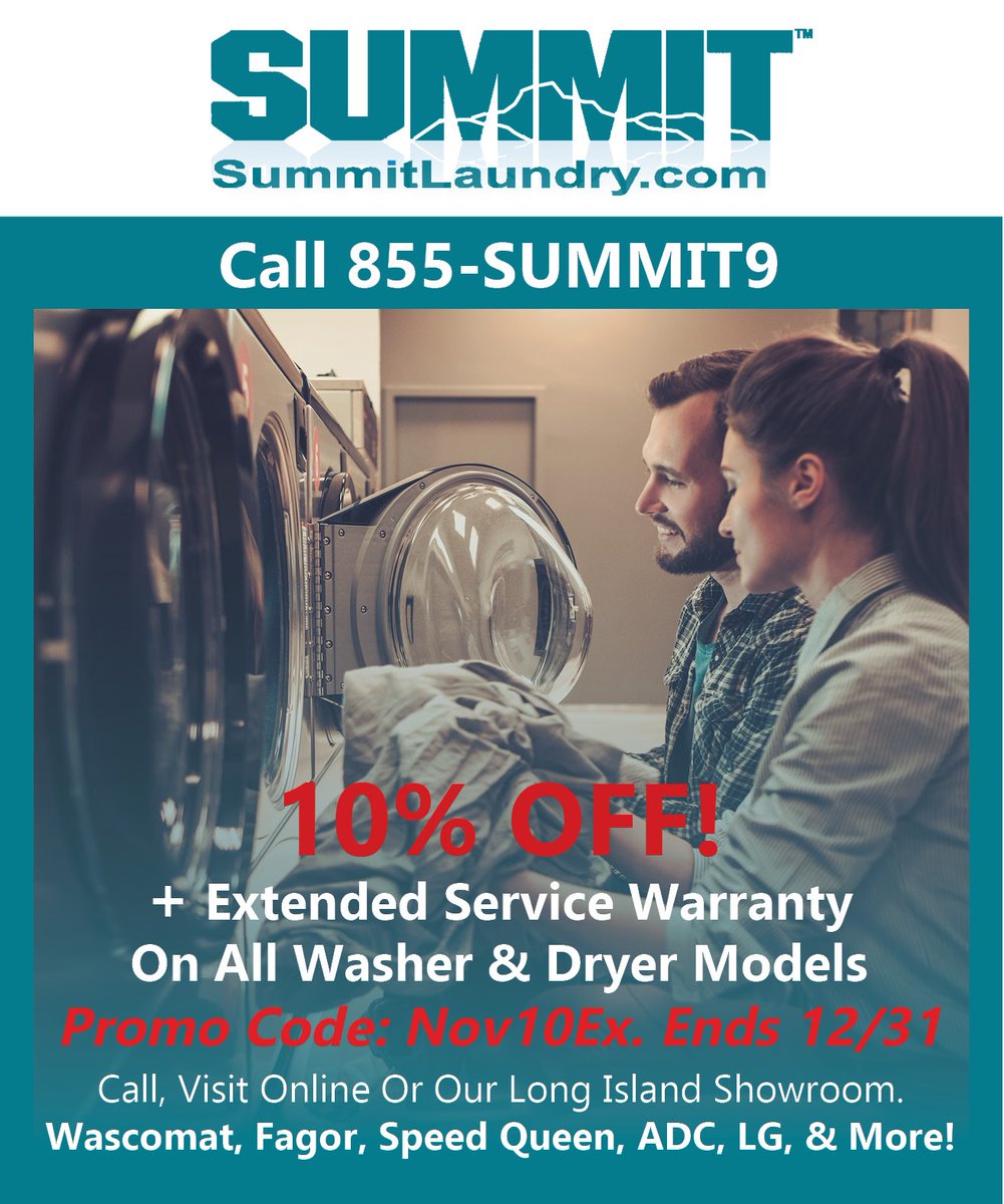 SummitLaundry's tweet photo. Don't miss out on Decembers Promo Discount! 10% OFF all washer &amp; dryer models + extended service warranty! -Ends 12/31 https://t.co/9tlw3fhVQ4 https://t.co/YT2PtaerCO