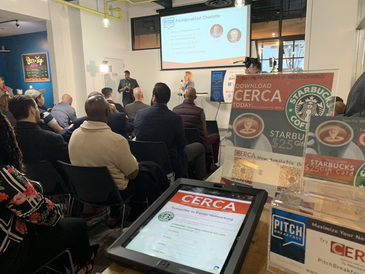 CERCA_app's tweet photo. Another exciting #PitchBreakfast. Pitchers rocked. Appreciate all that stopped by &amp; subscribed/downloaded CERCA. Remember, check your email tomorrow to see if you won. Still Time -Scan that CERCA QR code for a chance to win! #PitchCLT #NetworkEasier https://t.co/Xkl6cJOWMM https://t.co/BkHmxzNShv