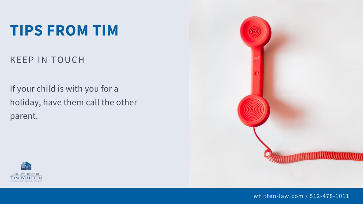 FamilyLawAustin's tweet image. Have your child talk to your co-parent on the holidays they don&apos;t spend together. This encourages that their relationship stays intact and communication remains consistent. 
#holidays #coparenting #consistentcommunication #divorce #austindivorce #lawofficeoftimwhitten