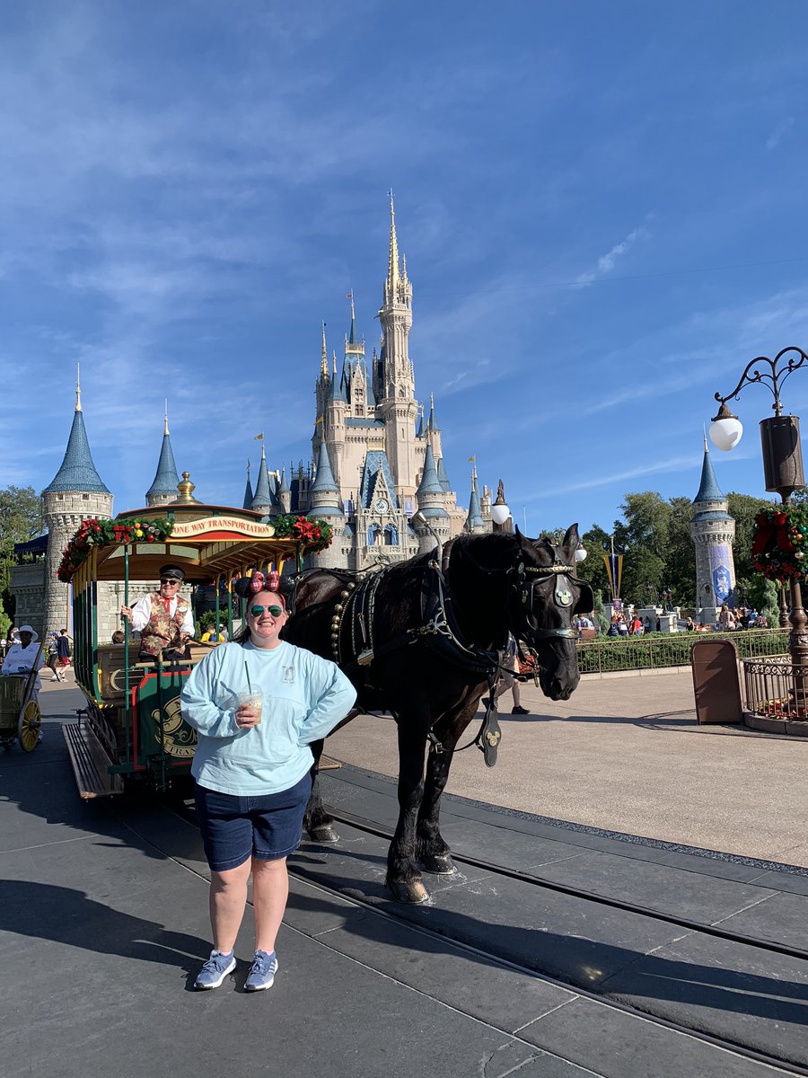 EmilyRoff's tweet photo. #castcompliment to Tracy, Phyllis and Zilly (our noble steed) for helping make Naomi and I’s morning in MK magically. We loved learning about Zilly and practicing our princess waves on the Trolley. Tracy and Phyllis’s passion for their job really showed. This was on 12/9/19. https://t.co/rgfPQyVImL