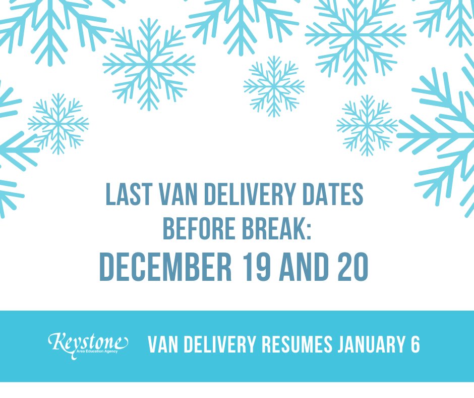 KeystoneAEA's tweet image. Hello!  Just a friendly reminder that our last van delivery dates are December 19 &amp;amp; 20.  

Please plan ahead for media order and print / production needs.  keystoneaea.org

Van delivery resumes on January 6, 2020.

#GroundedInService  #AlmostBreak