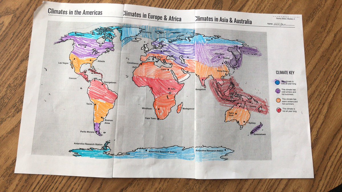 MrsLightnerGVS's tweet image. In science, we have been discussing weather and climate! Today we assembled our @MysterySci map of the world to look at climate patterns! #pbmustangs #studentexplorers #iteach #mysteryscience