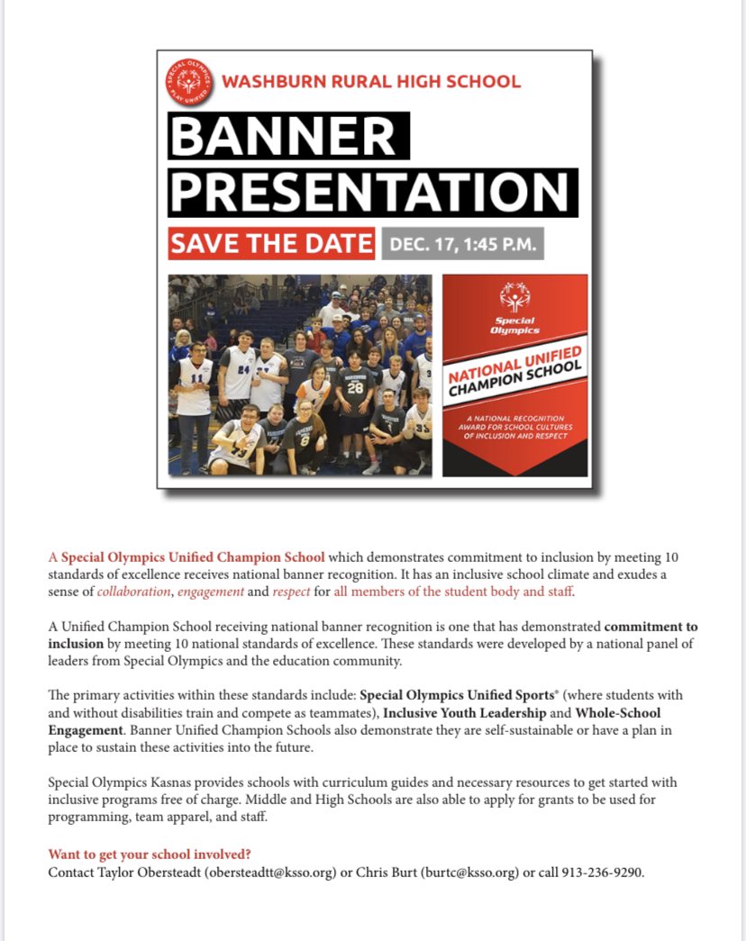 Come out to Washburn Rural on Tuesday Dec. 17th @ 1:30 to see our AWESOME school be recognized as one of ESPN’s Top 35 Schools for Unified Sports!!! <a href="/wibwDoug/">Doug Brown</a> <a href="/kpreps/">Kpreps.com</a> <a href="/wrhsleaders/">WRHS Spirit Leaders</a> <a href="/sportsinkansas/">Sports in Kansas</a> <a href="/wibw/">WIBW</a> <a href="/WIBWsports/">WIBW Sports</a> <a href="/peterson_rick/">Rick Peterson</a> <a href="/kansasprepzone/">Kansas Prep Zone</a> <a href="/wibwChris/">Chris Fisher</a>