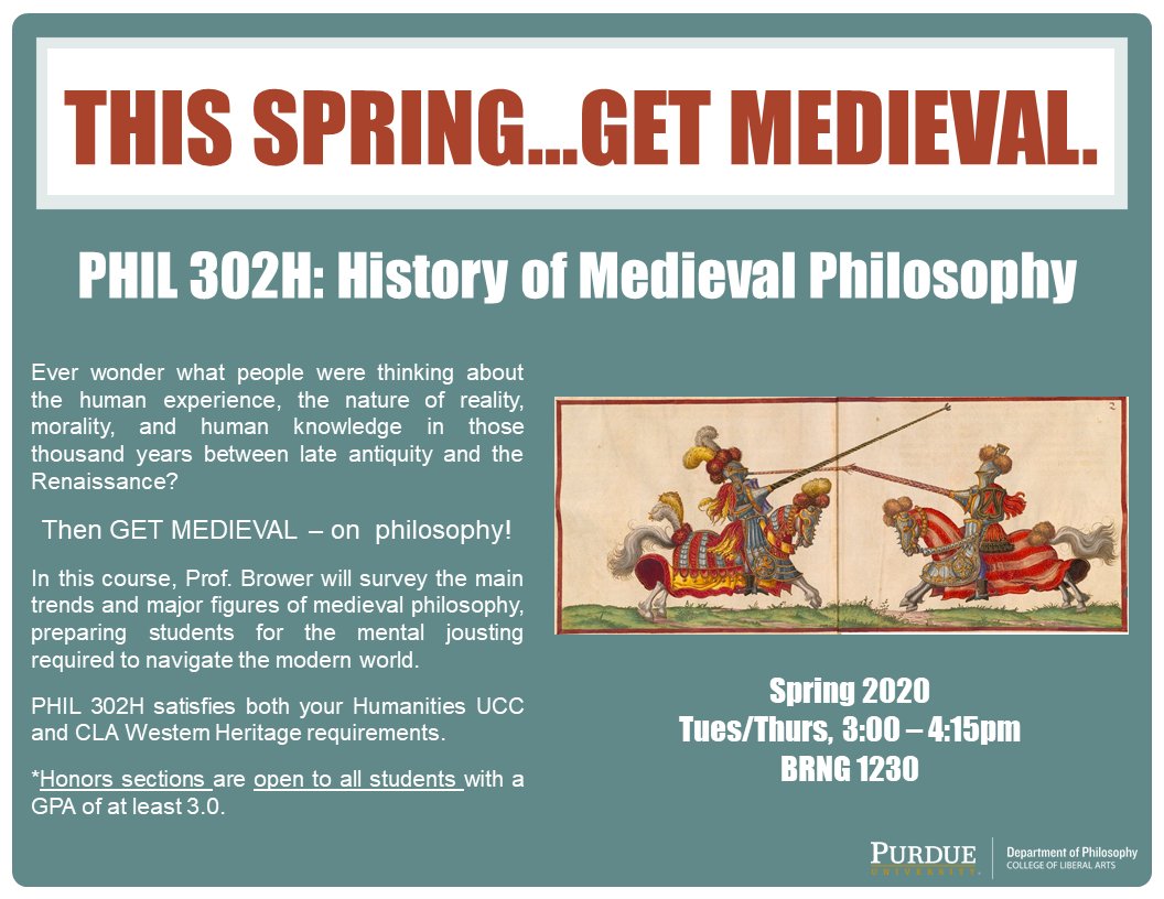 PHILO_Purdue's tweet photo. Ever feel like gettin' medieval on someone? (Philosophically speaking, that is.) Then PHIL 302 may be for you!

Learn the philosophical history of the medieval period while sharpening your mental jousting techniques! Huzzah!

#LoveWisdom #ThinkBroadlyLeadBoldly #OccamsRazor https://t.co/UKu9Fvggpv