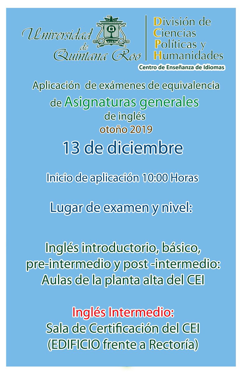 ¿Presentas examen de equivalencia de Asignaturas Generales de Inglés este 13 de diciembre?

Iniciamos la aplicación a las 10:00.🔔

⚠️ A continuación te presentamos el lugar de evaluación por cada uno de los niveles:

¡Éxito! #CEI #DCPH #UQROO2019