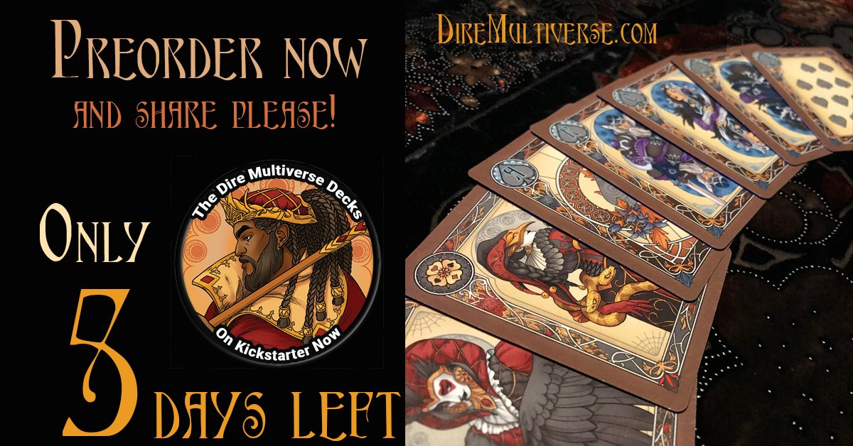 DireMultiverse's tweet image. Only 5 days left in the Dire Multiverse card deck Kickstarter! Please help us by sharing. We want to reach anyone who might love this deck! Thank you!! ♠️♦️🃏💖♣️ bit.ly/DireMultiverse…
