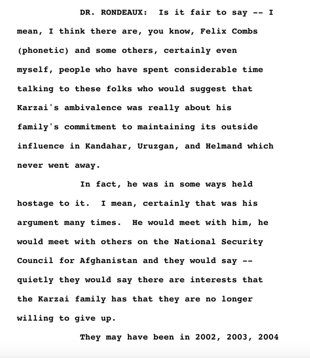 Rondeaux suggests Karzai didn't want to talk to Taliban to protect his family interests, Dobbins says there was nothing in the intelligence to indicate he was corrupt. 145/n
