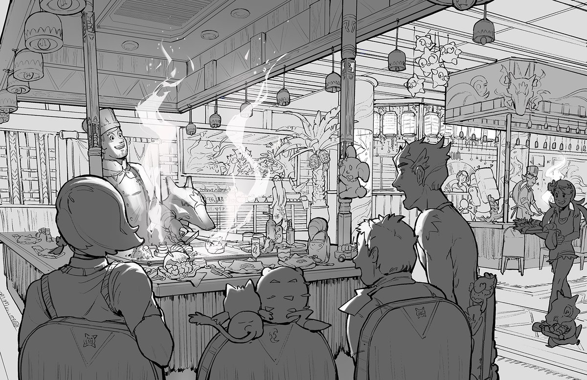 Alola Theme Park Project! A hibachi restaurant where the chefs cook alongside Marowak for a spectacular performance. I also took a little time to envision a menu, more like I simply drew what I myself would like to eat *q*... 