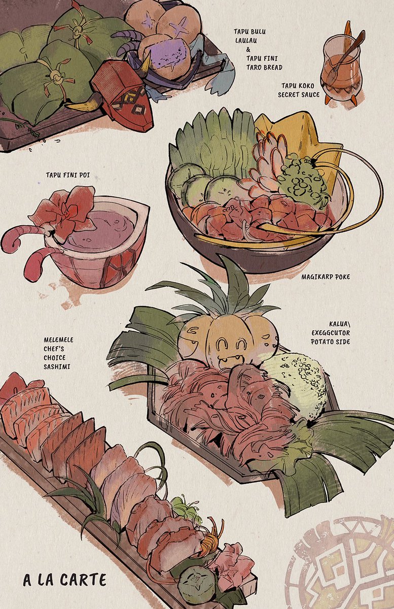 Alola Theme Park Project! A hibachi restaurant where the chefs cook alongside Marowak for a spectacular performance. I also took a little time to envision a menu, more like I simply drew what I myself would like to eat *q*...