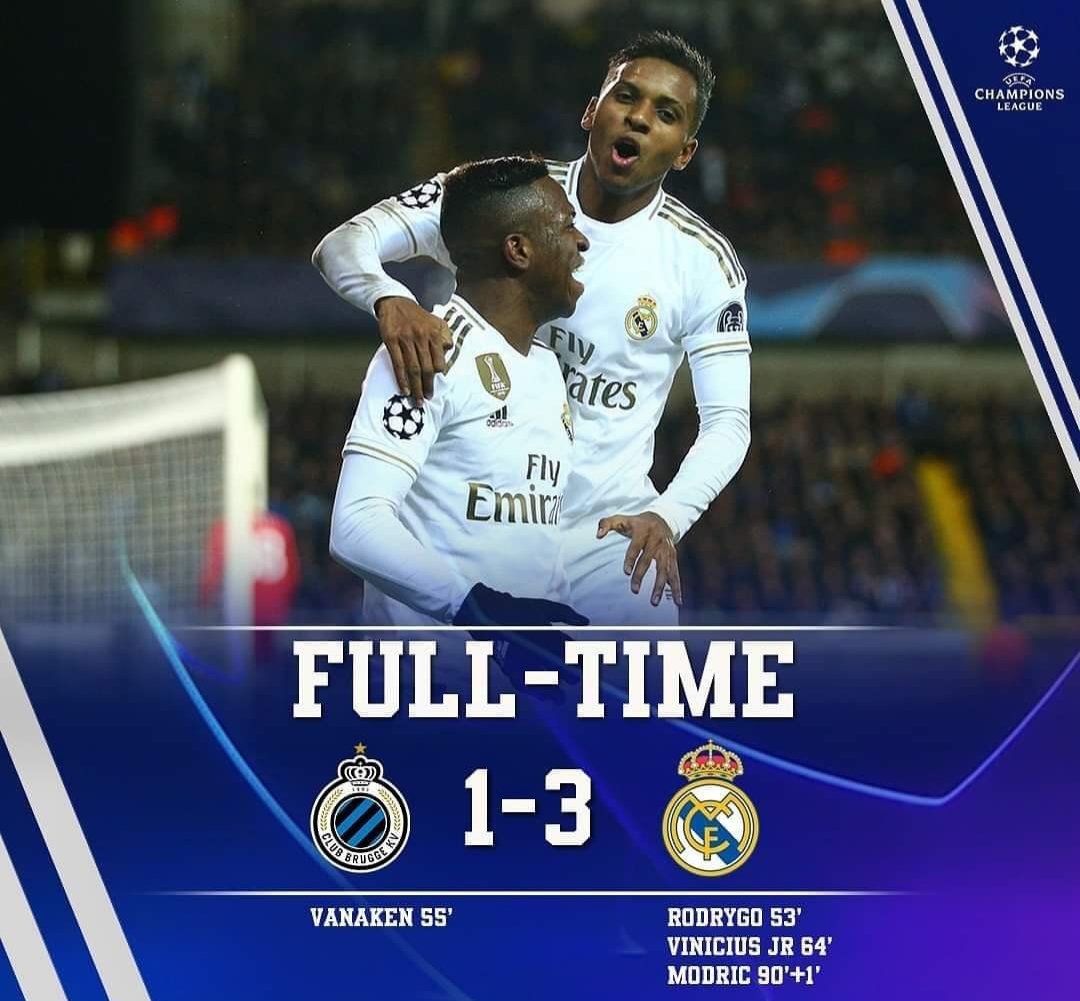 FULL TIME 

Pertandingan terakhir fase group.

Club Brugge  1-3 Real Madrid

•Rodrygo 
•Vinicius 
•Luka Modric