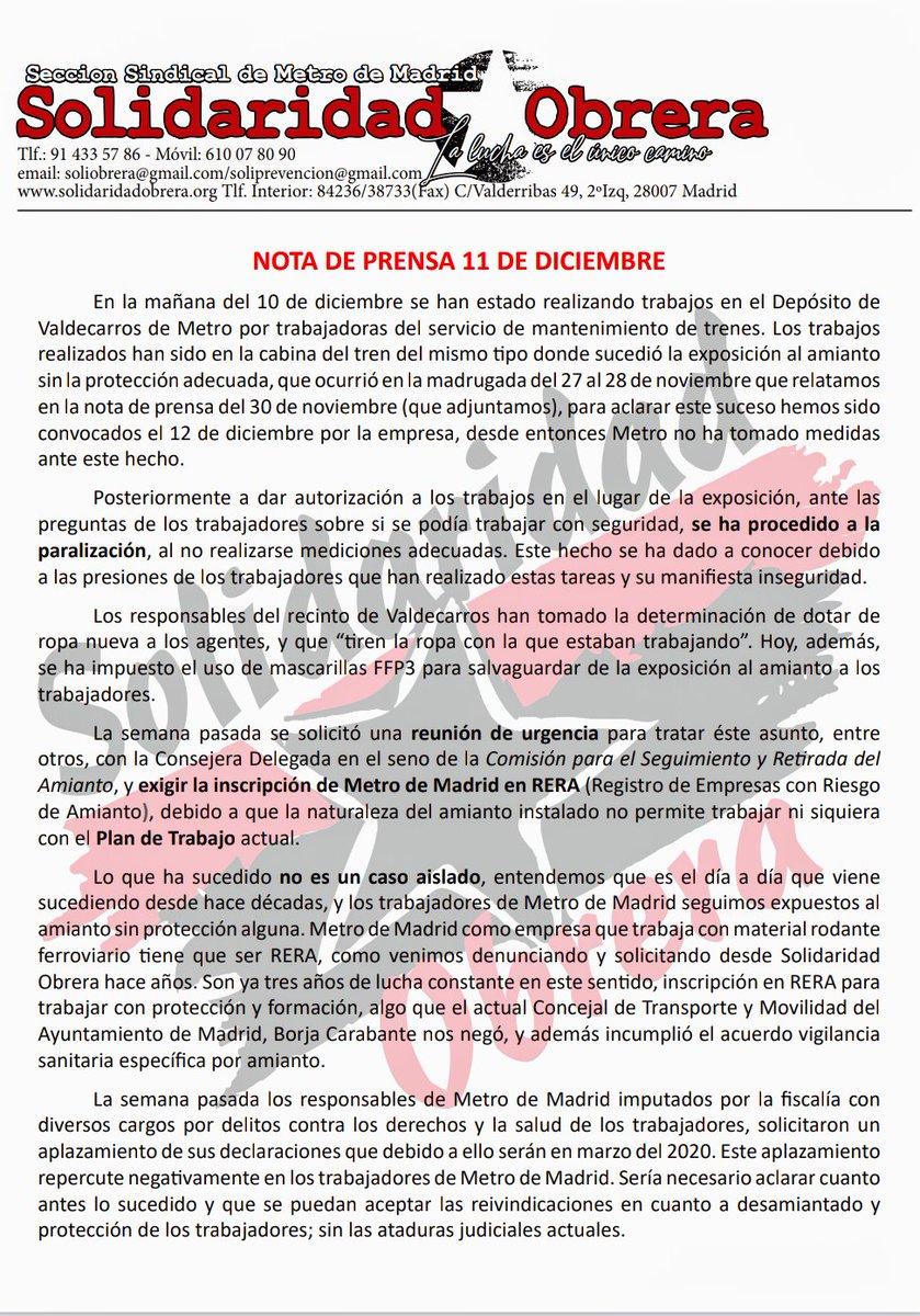 ObreraMetro's tweet photo. Nota de prensa tras la Asamblea General de hoy
-Incidente con #amianto
-Huelga #13Dic
-Servicios mínimos
-Derecho a huelga en Madrid o en París
NO HAY DERECHO A HUELGA
#MetroEnLucha #LaEMTenLucha
#HuelgaEMT #HuelgaMetro
#SomosMetroEMT
#TPonStrike
https://t.co/HCr5DIMILp https://t.co/xrxQOXPd4z