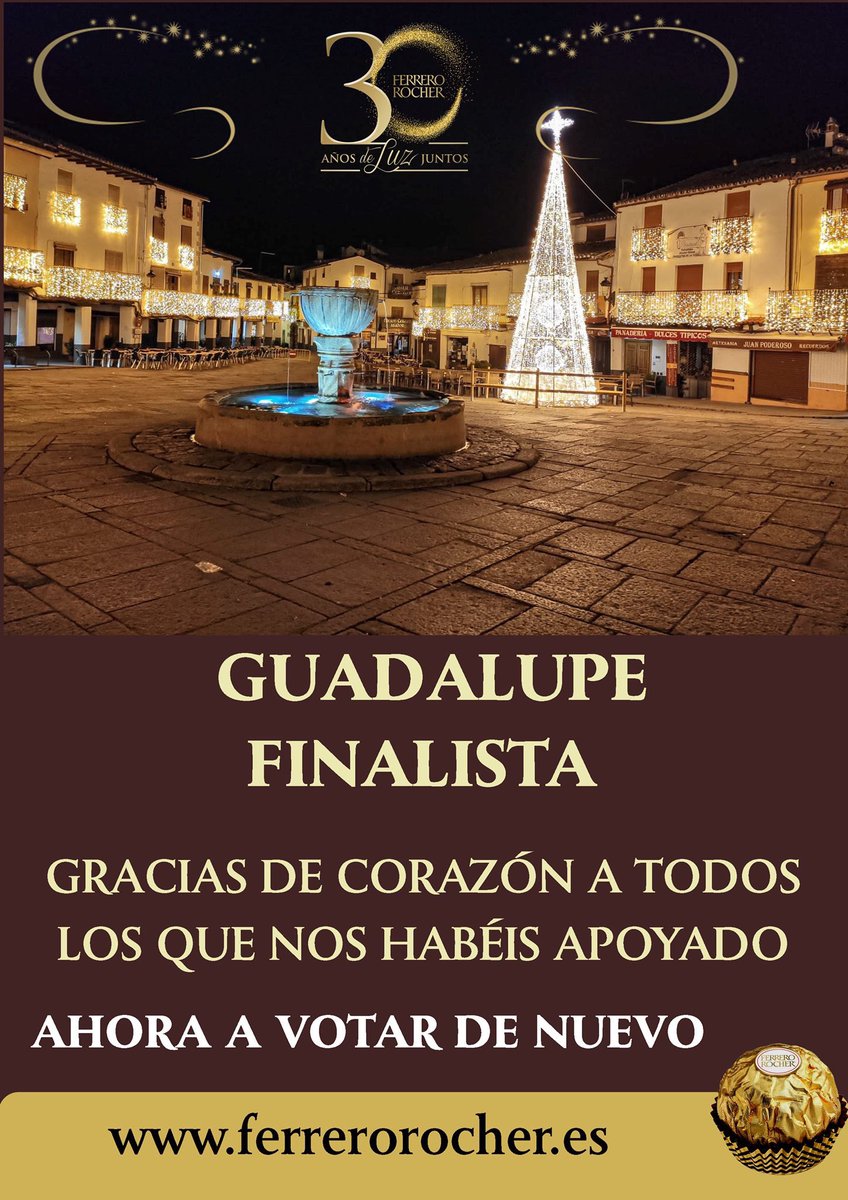 PamaruAsesoria's tweet photo. Ayudemos a que #Guadalupe de la Campanada esta nochevieja !!!! Guadalupe ya es finalista junto a #PuebladeSanabria (#Zamora) para ser el lugar donde @telecincoes emita las campanadas de final de año. Necesita nuestro vuestro voto para conseguirlo. https://t.co/fsSdnX6YMO https://t.co/b4eL9TiThh