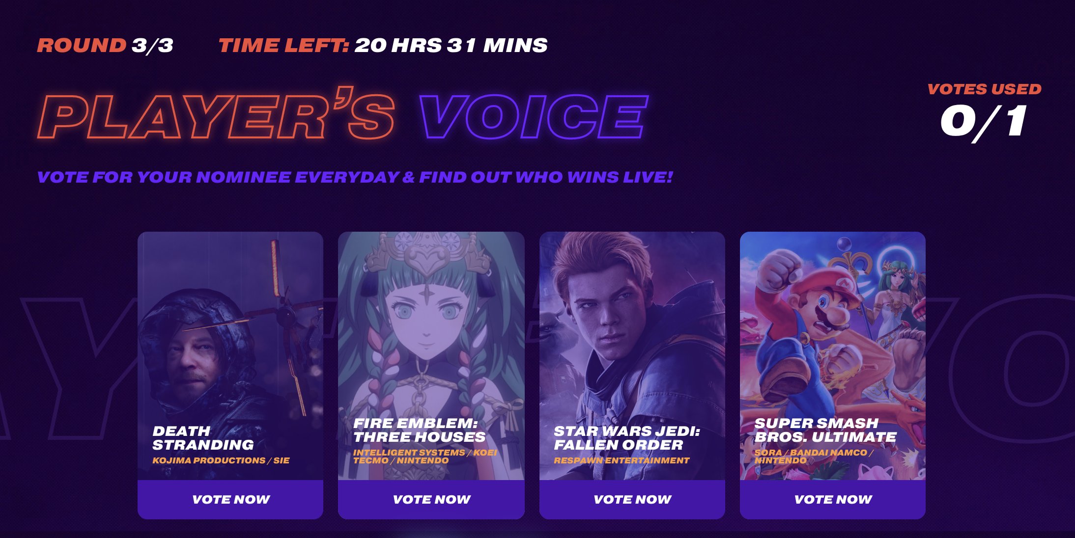 The Game Awards on X: Voting is now live for Round 1 of #TheGameAwards  Players' Voice A 100% fan voted award. Vote now:    / X