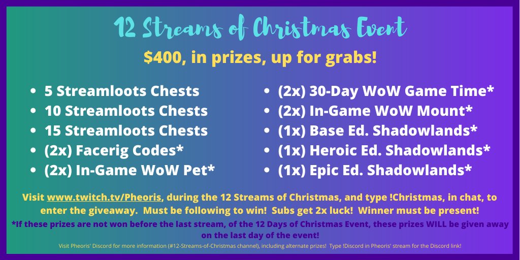 PheorisWoW's tweet image. 12 Streams of Christmas kicked off last night at twitch.tv/pheoris !  Here are some of the prizes that are up for grabs from now until Christmas Day! @streamloots @FaceRig #TwitchStreamers #WorldofWarcraft