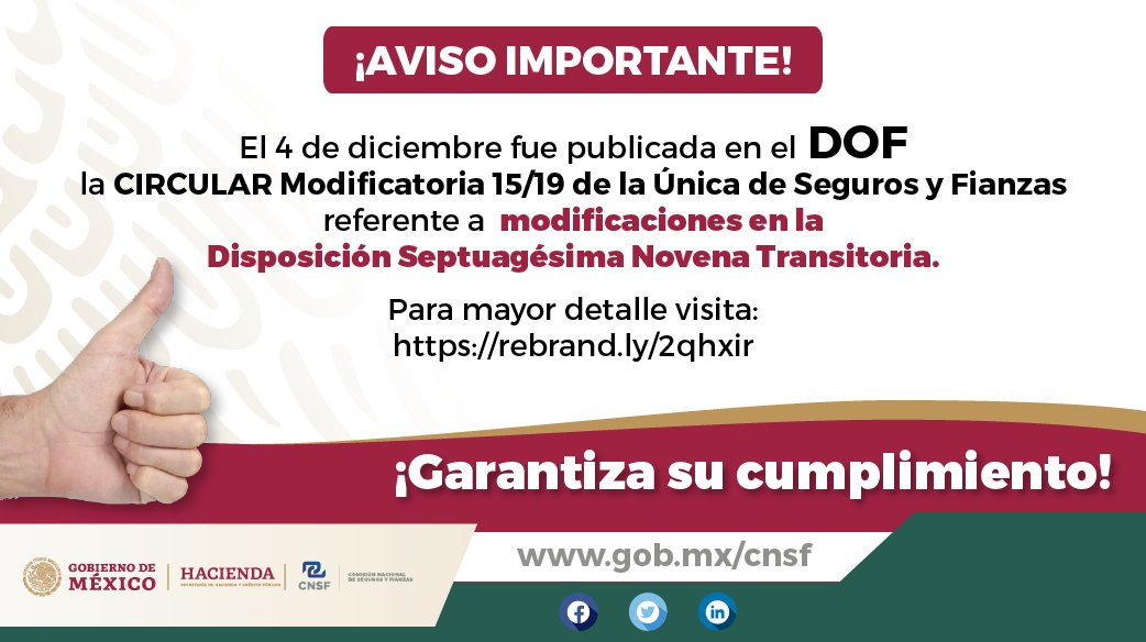 CNSF_gob_mx's tweet photo. 🚨¡Atención aseguradoras y agentes! 🚨
#CUSF #LISF #CNSF
El 4 de Diciembre @Hacienda_Mexico dio a conocer a través del @DOF la circular modificatoria 15/19 referente a modificaciones en la Disposición Septuagésima Novena Transitoria.
https://t.co/calg7UCpKr https://t.co/Zeu5O9EFne
