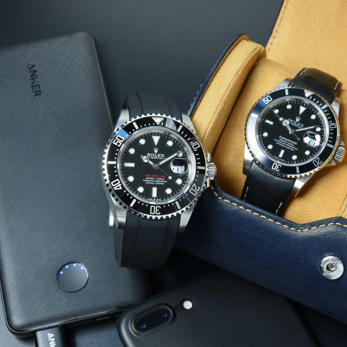 everestbands's tweet photo. This week's #head2headcopycat submission-"Travel Accessories" Never travel with just one watch 😜or with out a backup battery pack🔋| Customize your Rolex watch at https://t.co/3p8EseFOwe #Rolex #seadweller #126600 #rolexseadweller43 #16610ln #Submariner #everestbands https://t.co/INSeu60Nxv