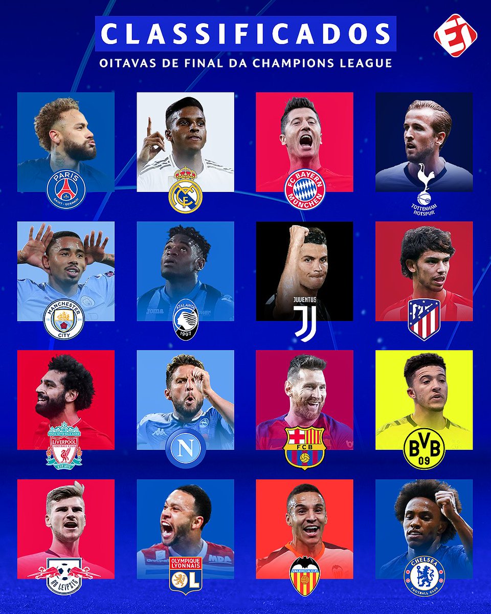 Uživatel Esporte Interativo (de 🏠) na Twitteru: „CLASSIFICADOS PARA O MATA-MATA DA CHAMPIONS LEAGUE! As oitavas de final vão pegar fogo, amigo! 16 times em busca do título da maior competição de
