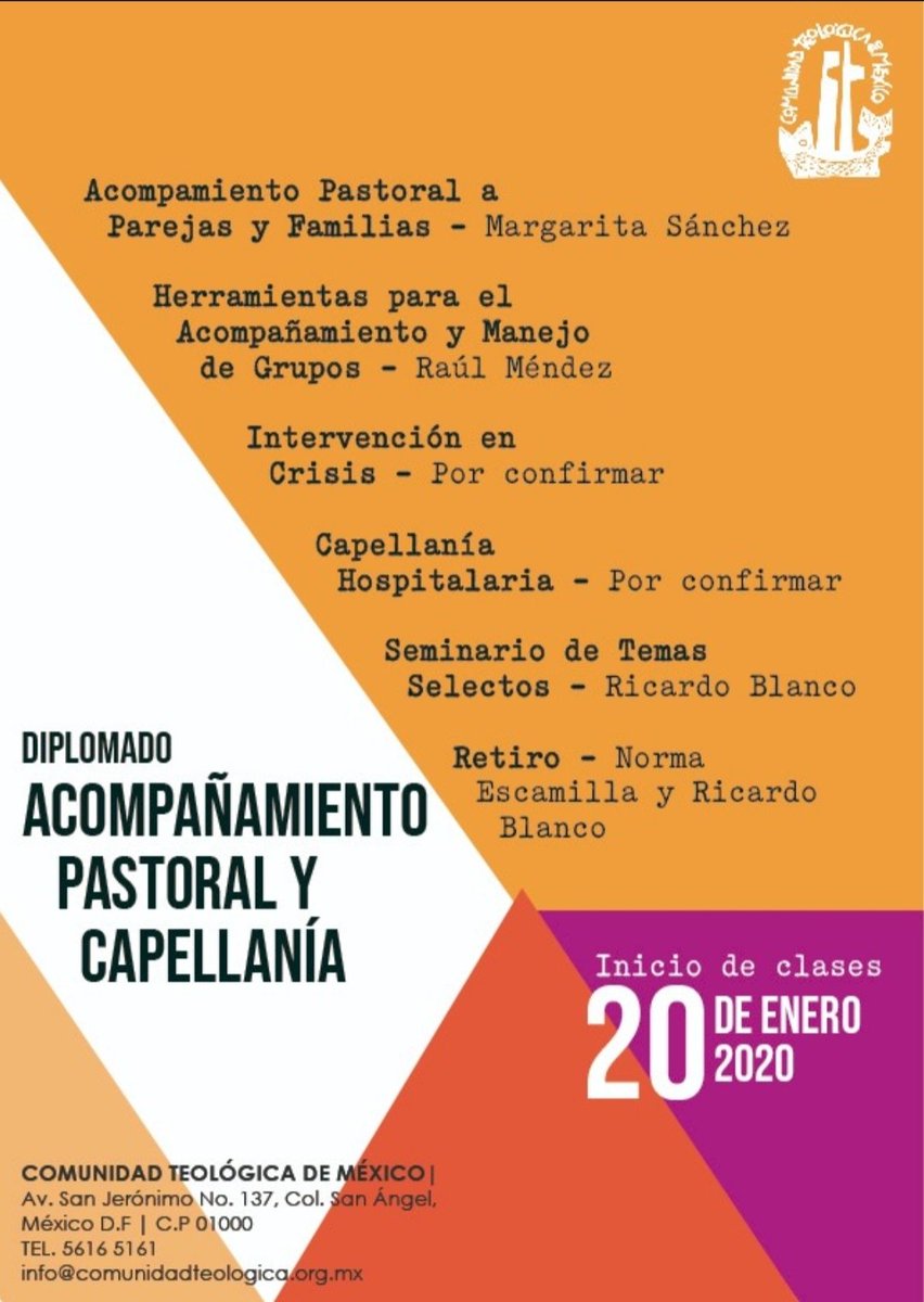 ComTeoldMex's tweet photo. Te esperamos en nuestro diplomado de acompañamiento pastoral y capellanía.

Iniciamos clases el 20 de enero del 2020

COMUNIDAD TEOLÓGICA DE MÉXICO
Av. SAN Jerónimo No. 137 Col. San Ángel
México D. F. | C. P 01000
Tel: 5616 5161
info@comunidadteologica.org.mx ¡TE ESPERAMOS! https://t.co/ZvwF4lmttR