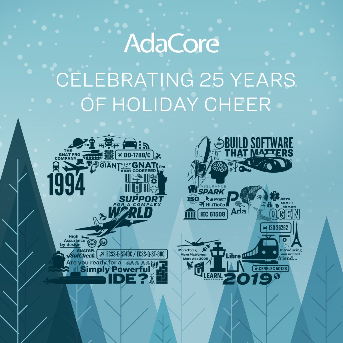 AdaCoreCompany's tweet image. Happy Holidays to all of our customers, industry partners and Ada/SPARK community members around the world from everyone at #AdaCore! Here’s to continuing to help people build software that matters in the New Year. #Adaprogramming #SPARKprogramming #HappyHolidays #HappyNewYear