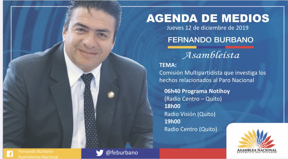 feburbano's tweet photo. Comparto con ustedes la #AgendaDeMedios donde hablaré acerca del informe presentado por la #ComisionMultipartidista a la @AsambleaEcuador con respecto  al #ParoNacionalEcuador @ComisionParo https://t.co/WcmnVsU1sT