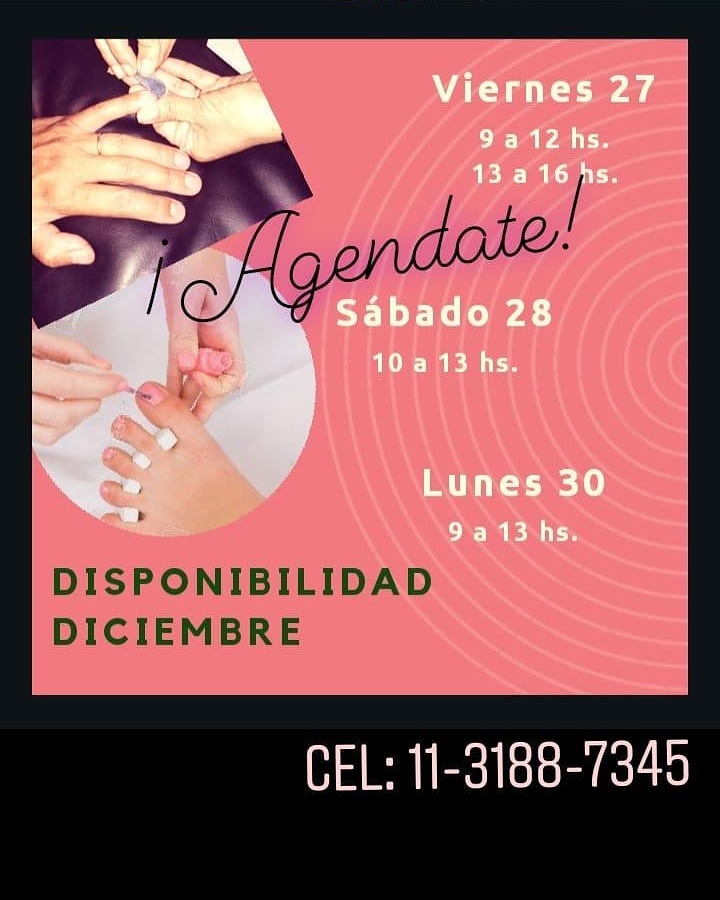 BellsManosyPie2's tweet photo. Últimos turnos para lo que queda de diciembre
#ADomicilio #ZonaNorte #ZonaNoroeste #GranBsAs #Belleza #Salud #Unisex #Estetica #Spa #Pies #Manos #Pedicuria #Manicuria #Extensiones #Esculpidos #Acrilico #Gel #Polygel #Esmaltado #Tradicional #Semipermanente #Capping #Acripie https://t.co/gX7UPTL1en