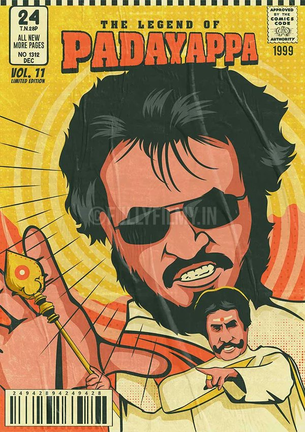 RaunaqMangottil's tweet photo. So we @FullyFilmy_in took our favourite Rajini movies &amp; re-imagined them as vintage comic book covers, designing it from scratch..if ur interested, we might develop them into full comic books but for now, enjoy the posters😌

https://t.co/orhDJaxs04 https://t.co/fBqo2InFQ5