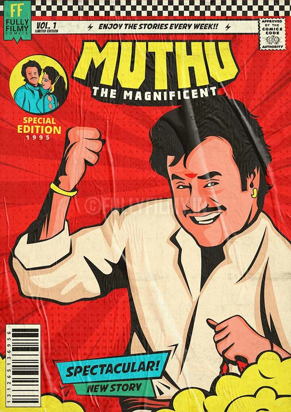 RaunaqMangottil's tweet photo. So we @FullyFilmy_in took our favourite Rajini movies &amp; re-imagined them as vintage comic book covers, designing it from scratch..if ur interested, we might develop them into full comic books but for now, enjoy the posters😌

https://t.co/orhDJaxs04 https://t.co/fBqo2InFQ5