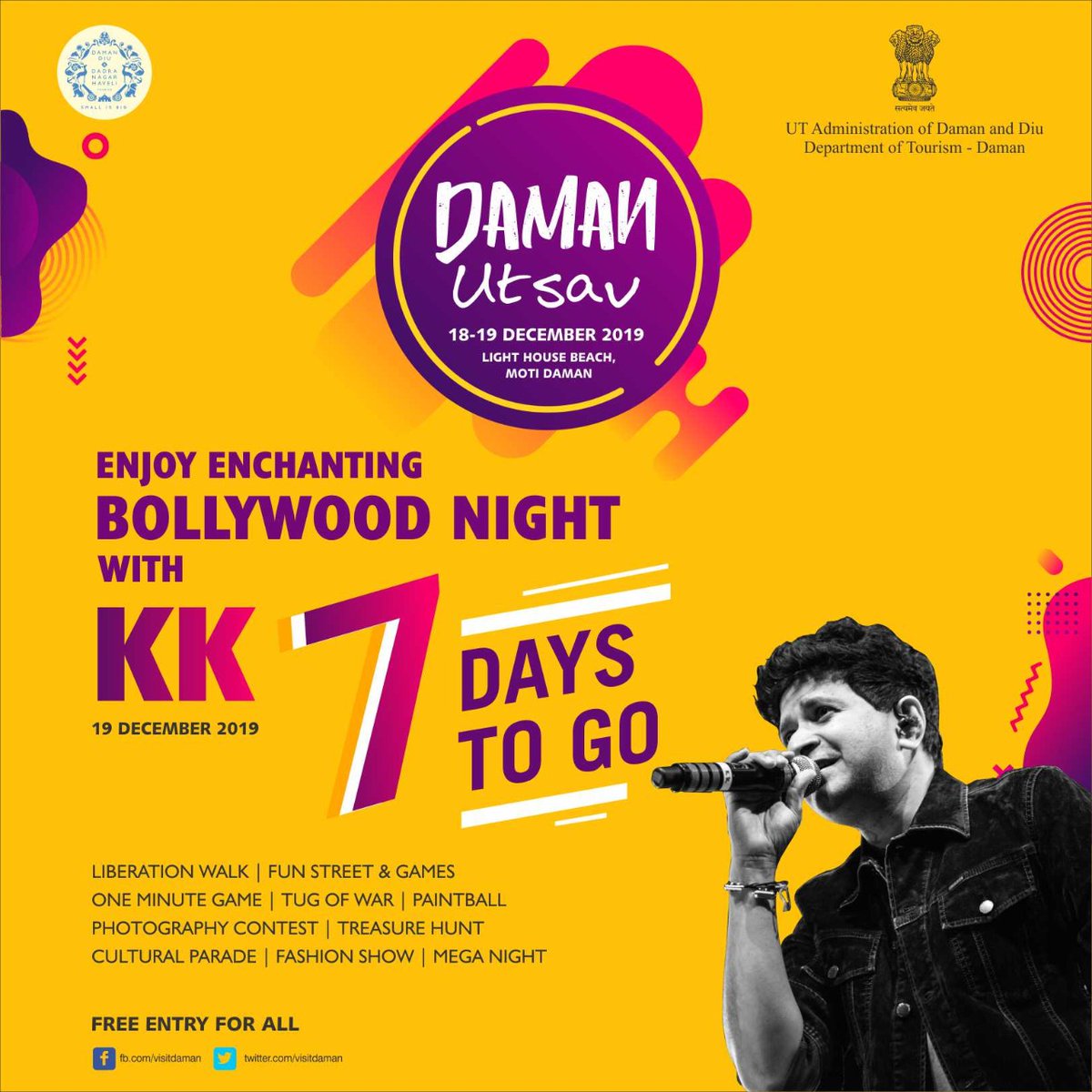 visitdnhdd's tweet photo. And the countdown for the Bollywood night begins.
Only 7 days to go for the mega night.
#LiberationDay #DamanTourism #HistoryofDaman #KKLiveinConcert https://t.co/7i6deP1vn7