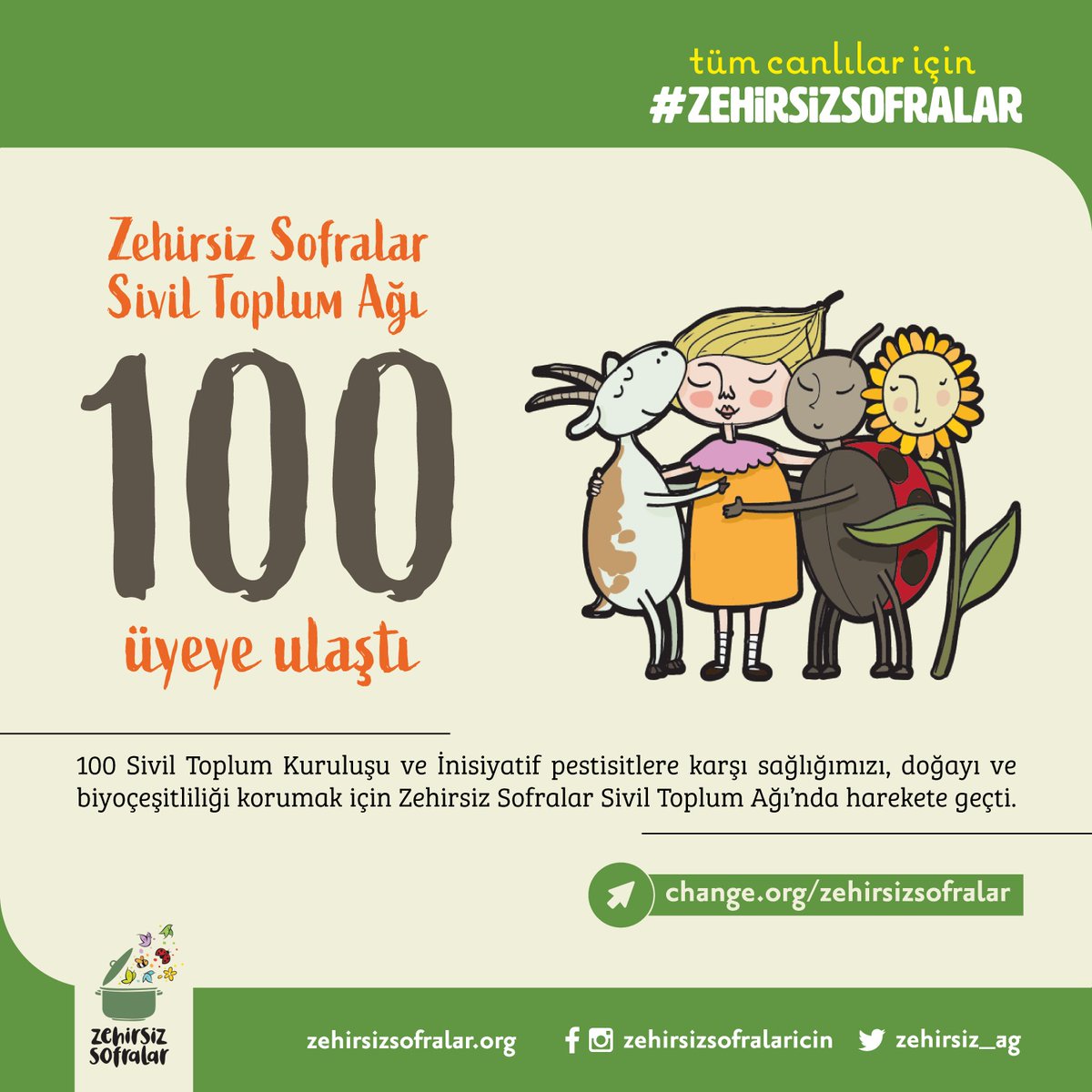 100 kurum ve inisiyatif pestisitlere, tarım zehirlerine karşı harekete geçti.

Zehirsiz Sofralar Sivil Toplum Ağı'nın başlattığı kampanyaya sen de destek ol; doğaya zarar veren, bizi zehirleyen pestisitler yasaklansın: Change.org/ZehirsizSofral…