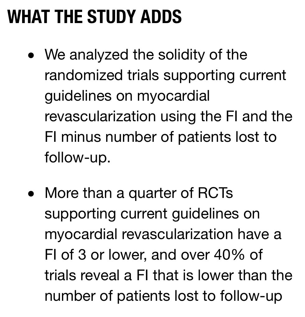 CircOutcomes's tweet photo. FI was 3 or < for over 25% of studies referenced in 2018 @escardio Guidelines for Revascularization &amp; @ACCinTouch /@AHAScience Guidelines for Stable IHD (in those trials changing as few as 3 pts or < would be enough to move P value from + (<0.05)to -(>0.05)https://t.co/dOBcNJ9TxD https://t.co/YcSlHd9MPQ